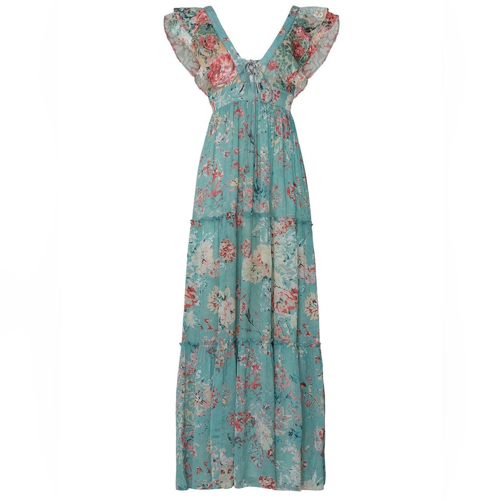 Hemant & Nandita Floral Tiered Georgette Maxi Dress Green Pink Size M